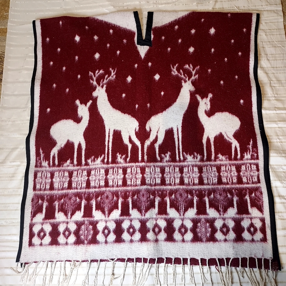 Mexican Red and White Deer Pattern Poncho